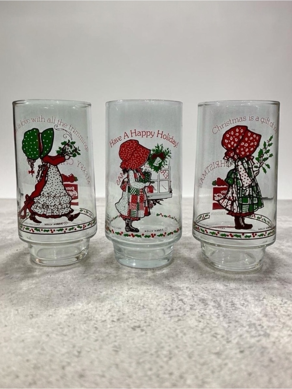 Set of 3 Vintage 1982 Holly Hobbie Coca Cola Limited Edition Christmas Glasses